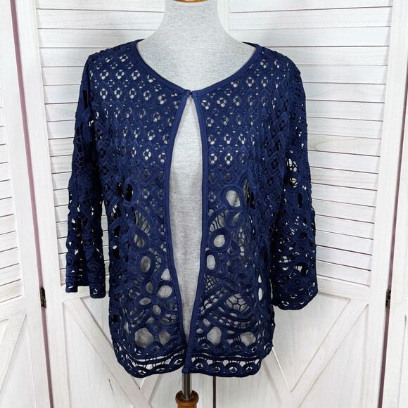 Adore Open Eyelet Lace Topper Cardigan Jacket Navy Blue Medium - Picture 1 of 11